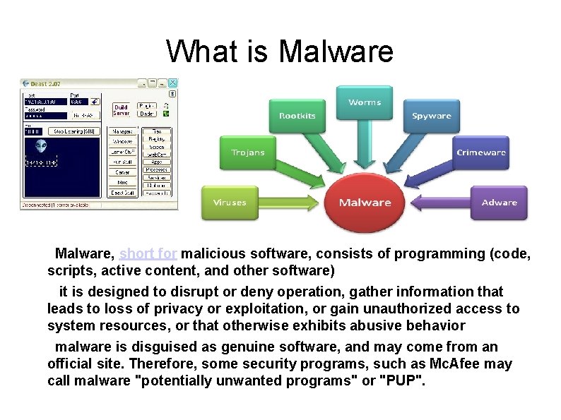 What is Malware, short for malicious software, consists of programming (code, scripts, active content,