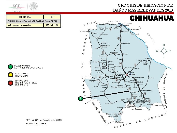 CROQUIS DE UBICACIÓN DE DAÑOS MAS RELEVANTES 2013 CARRETERA: KM. CHIHUAHUA – HIDALGO DEL