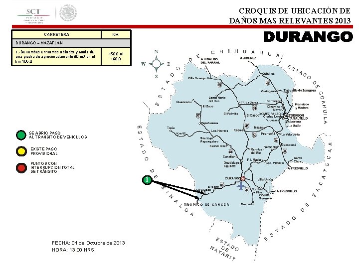 CROQUIS DE UBICACIÓN DE DAÑOS MAS RELEVANTES 2013 CARRETERA KM. DURANGO – MAZATLAN 1.