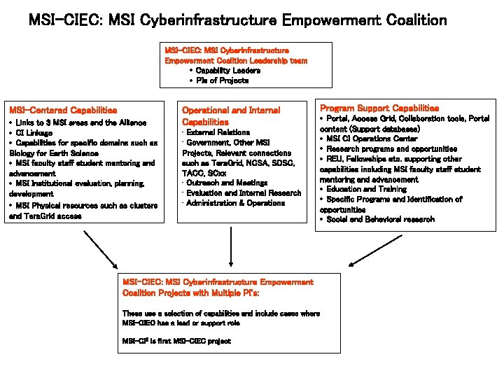 MSI-CIEC: MSI Cyberinfrastructure Empowerment Coalition Leadership team · Capability Leaders · PIs of Projects