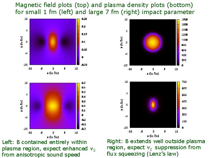 Magnetic field plots (top) and plasma density plots (bottom) for small 1 fm (left)