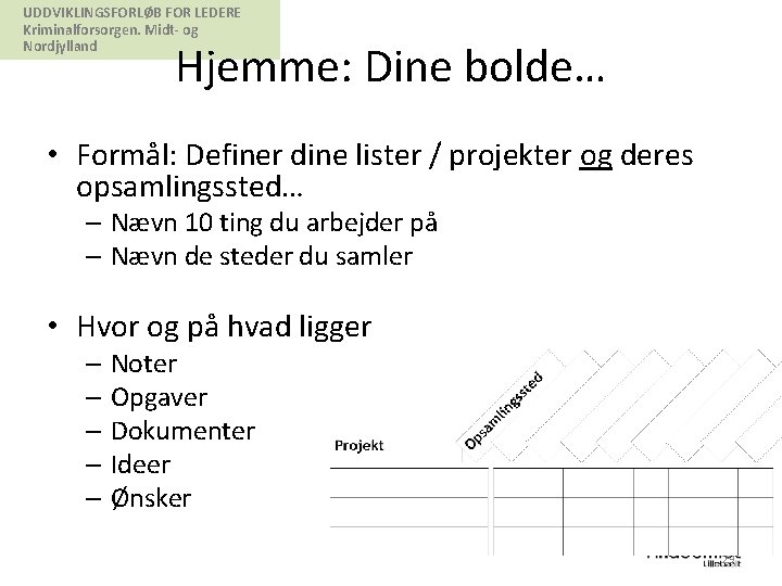 UDDVIKLINGSFORLØB FOR LEDERE Kriminalforsorgen. Midt- og Nordjylland Hjemme: Dine bolde… • Formål: Definer dine