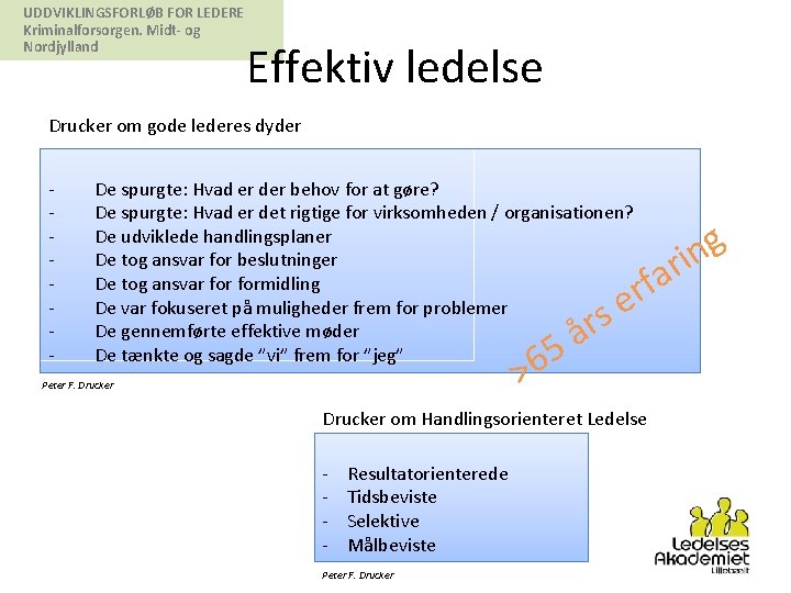 UDDVIKLINGSFORLØB FOR LEDERE Kriminalforsorgen. Midt- og Nordjylland Effektiv ledelse Drucker om gode lederes dyder