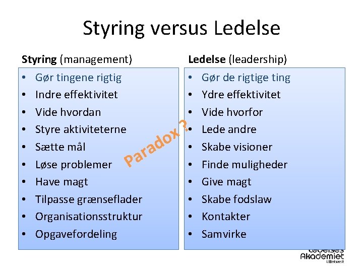 Styring versus Ledelse Styring (management) • • • Ledelse (leadership) Gør tingene rigtig •