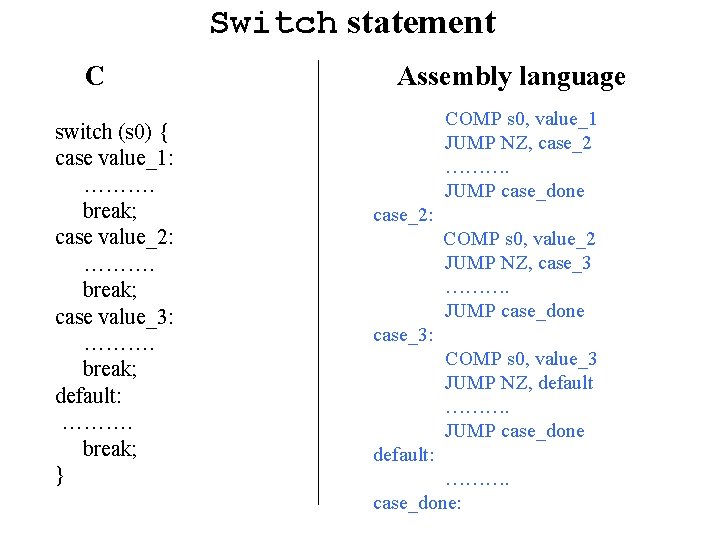 Switch statement C switch (s 0) { case value_1: ………. break; case value_2: ……….