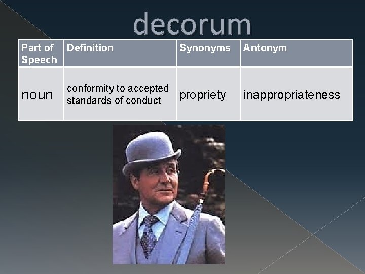 Part of Definition Speech noun decorum conformity to accepted standards of conduct Synonyms Antonym