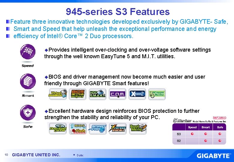 945 -series S 3 Features Feature three innovative technologies developed exclusively by GIGABYTE- Safe,