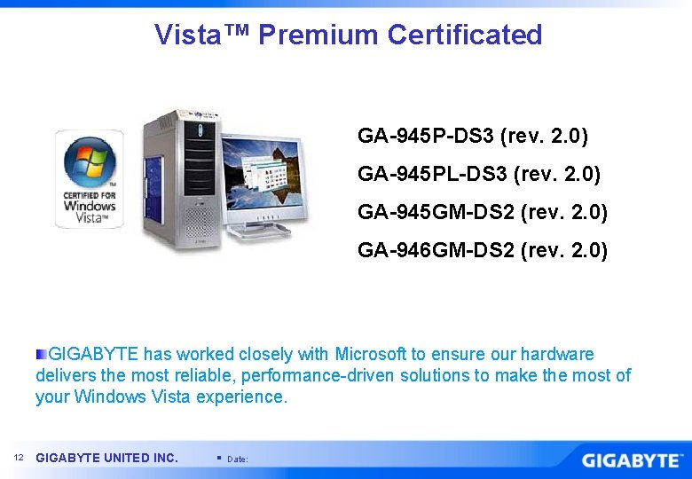Vista™ Premium Certificated GA-945 P-DS 3 (rev. 2. 0) GA-945 PL-DS 3 (rev. 2.