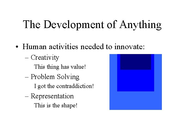 The Development of Anything • Human activities needed to innovate: – Creativity This thing