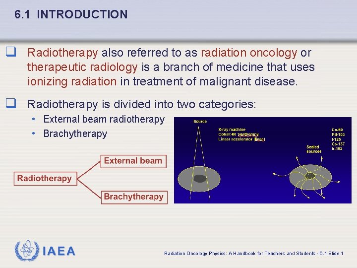 6. 1 INTRODUCTION q Radiotherapy also referred to as radiation oncology or therapeutic radiology