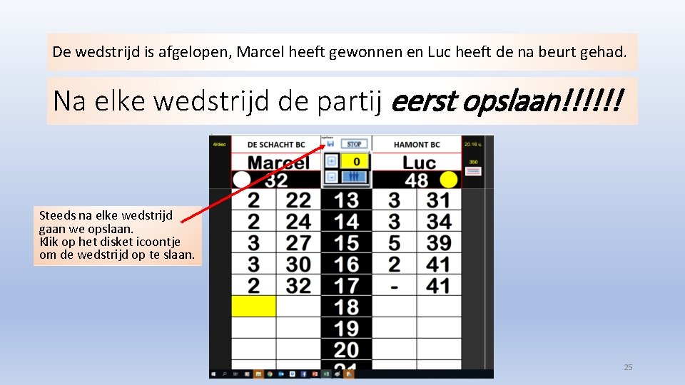 De wedstrijd is afgelopen, Marcel heeft gewonnen en Luc heeft de na beurt gehad.