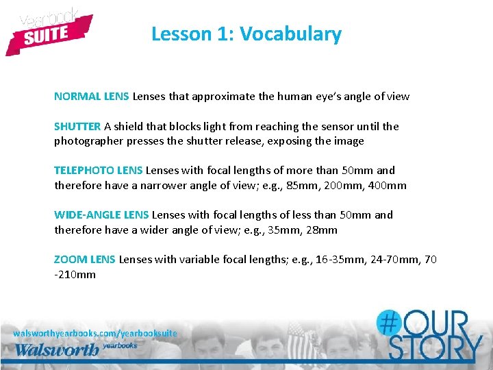 Lesson 1: Vocabulary NORMAL LENS Lenses that approximate the human eye’s angle of view