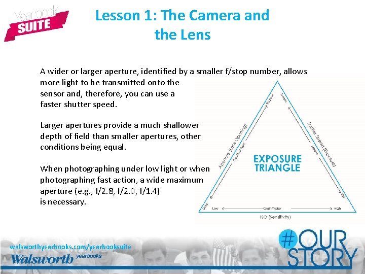 Lesson 1: The Camera and the Lens A wider or larger aperture, identified by