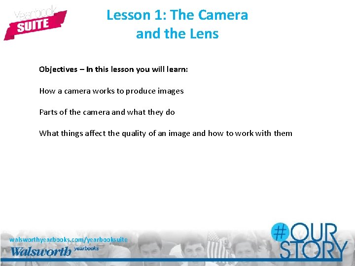 Lesson 1: The Camera and the Lens Objectives – In this lesson you will