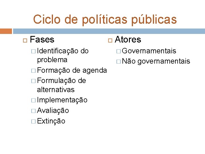 Ciclo de políticas públicas Fases � Identificação do problema � Formação de agenda �