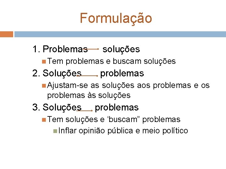 Formulação 1. Problemas Tem soluções problemas e buscam soluções 2. Soluções problemas Ajustam-se as