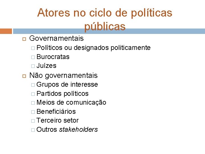 Atores no ciclo de políticas públicas Governamentais � Políticos ou designados politicamente � Burocratas Atores no ciclo de políticas públicas Governamentais � Políticos ou designados politicamente � Burocratas