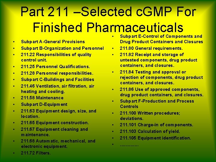 Part 211 –Selected c. GMP For Finished Pharmaceuticals • • • • Subpart A-General