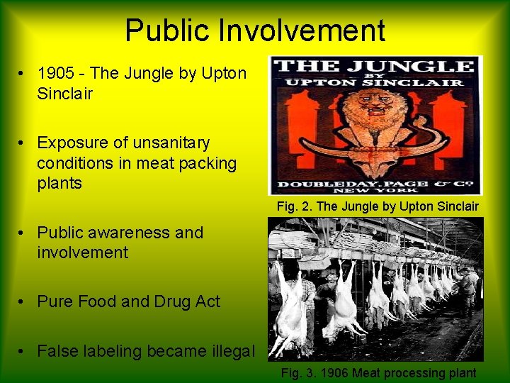 Public Involvement • 1905 - The Jungle by Upton Sinclair • Exposure of unsanitary