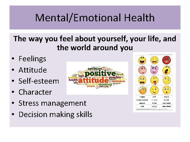 Mental/Emotional Health The way you feel about yourself, your life, and the world around