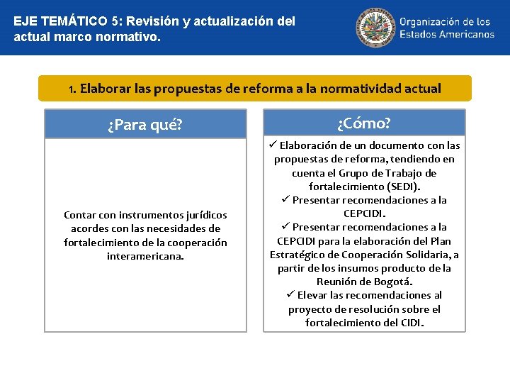 EJE TEMÁTICO 5: Revisión y actualización del actual marco normativo. 1. Elaborar las propuestas