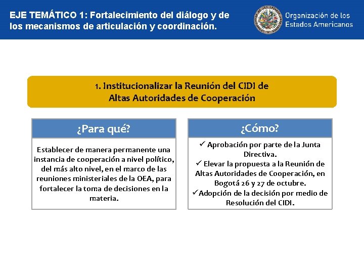 EJE TEMÁTICO 1: Fortalecimiento del diálogo y de los mecanismos de articulación y coordinación.