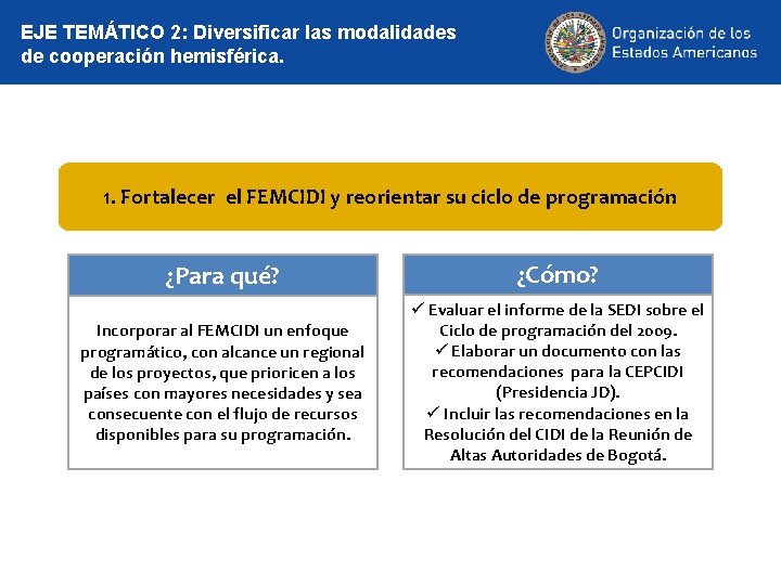 EJE TEMÁTICO 2: Diversificar las modalidades de cooperación hemisférica. 1. Fortalecer el FEMCIDI y