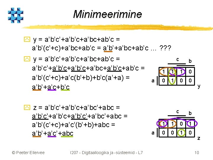 Minimeerimine y y = a’b’c’+a’b’c+a’bc+ab’c = a’b’(c’+c)+a’bc+ab’c = a’b’+a’bc+ab’c … ? ? ? y