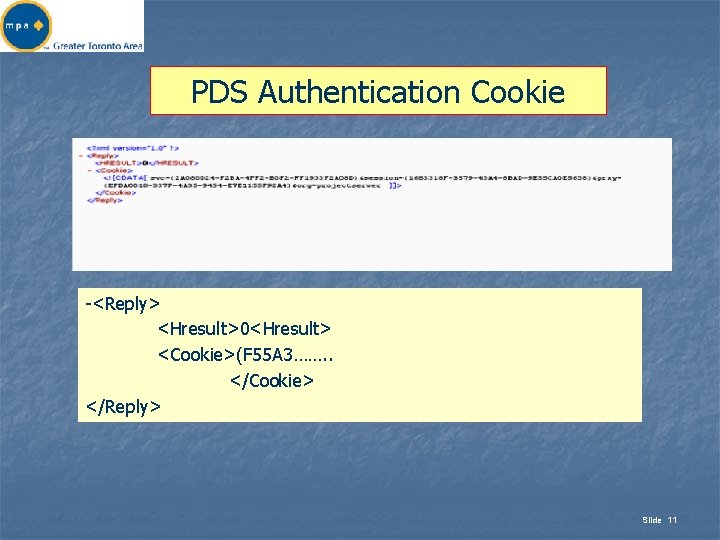 PDS Authentication Cookie -<Reply> <Hresult>0<Hresult> <Cookie>(F 55 A 3……. . </Cookie> </Reply> Slide 11