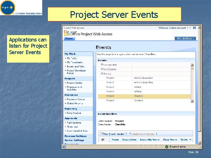 Project Server Events Applications can listen for Project Server Events Slide 29 