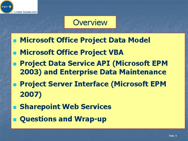 Overview n n Microsoft Office Project Data Model Microsoft Office Project VBA Project Data