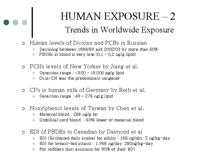 HUMAN EXPOSURE – 2 Trends in Worldwide Exposure ¢ Human levels of Dioxins and