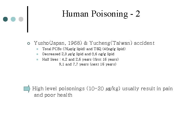 Human Poisoning - 2 ¢ Yusho(Japan, 1968) & Yucheng(Taiwan) accident l l l Total