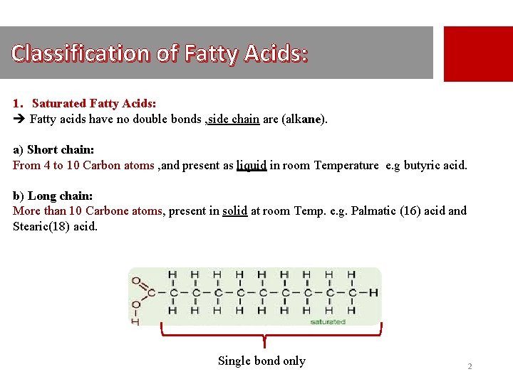 Classification of Fatty Acids: 1. Saturated Fatty Acids: Fatty acids have no double bonds