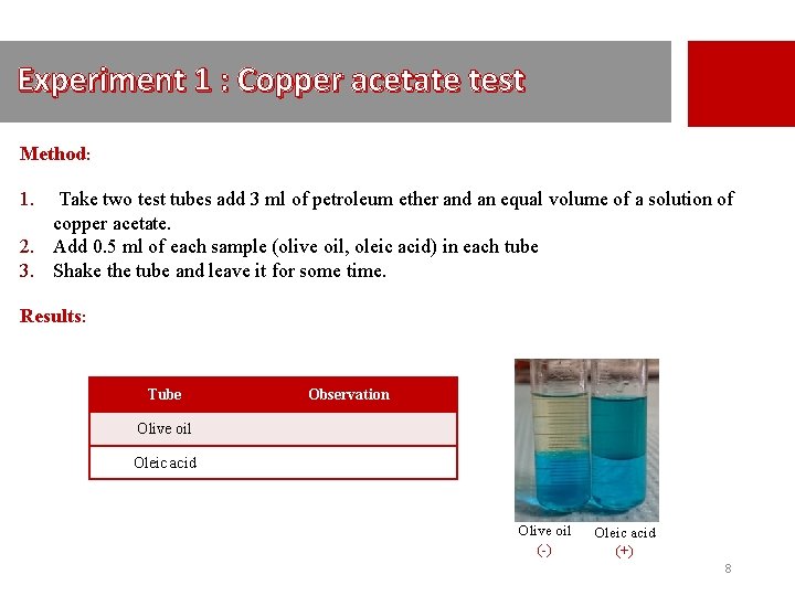 Experiment 1 : Copper acetate test Method: 1. Take two test tubes add 3