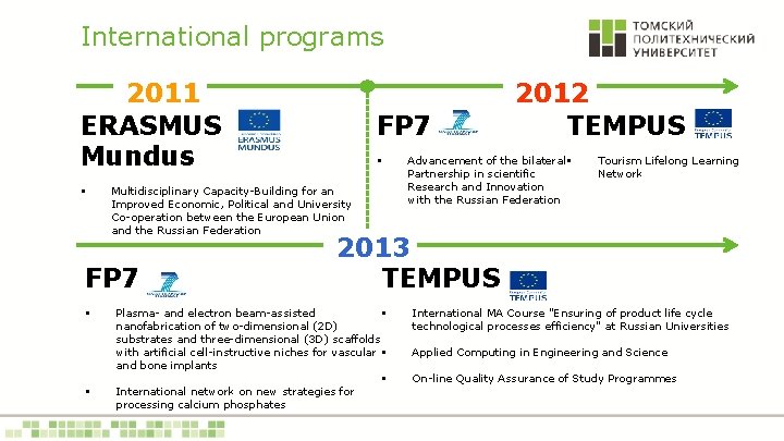 International programs 2011 ERASMUS Mundus § § § Multidisciplinary Capacity-Building for an Improved Economic,