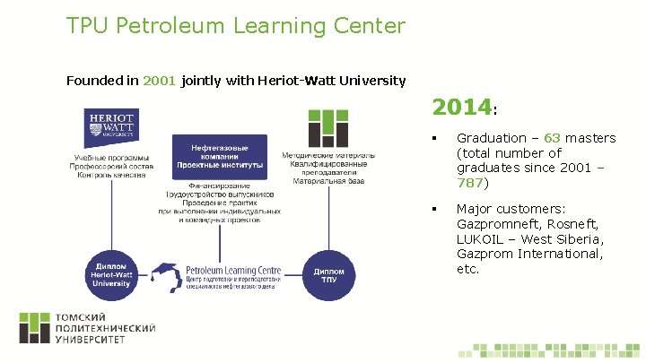 TPU Petroleum Learning Center Founded in 2001 jointly with Heriot-Watt University 2014: § Graduation