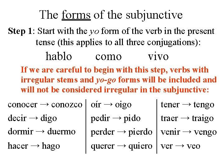 The forms of the subjunctive Step 1: Start with the yo form of the