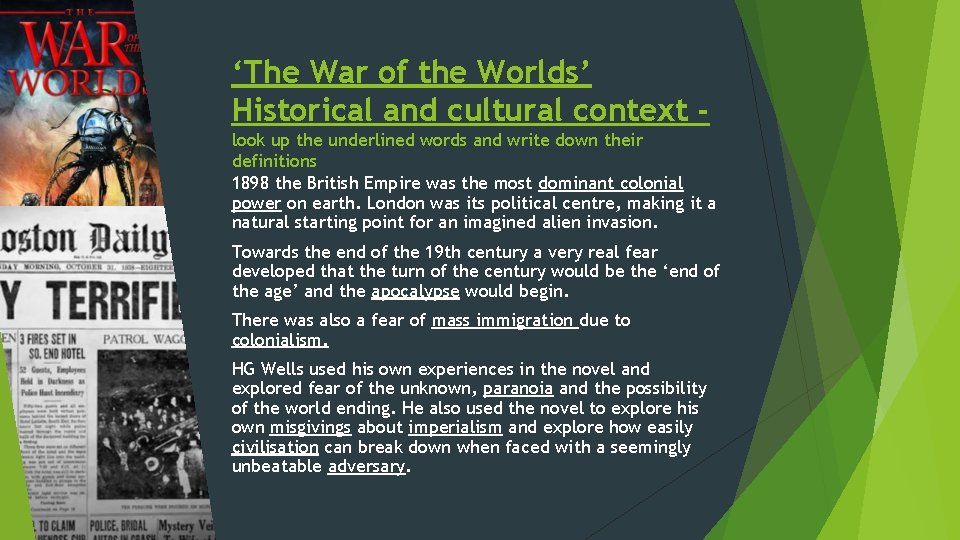 ‘The War of the Worlds’ Historical and cultural context look up the underlined words