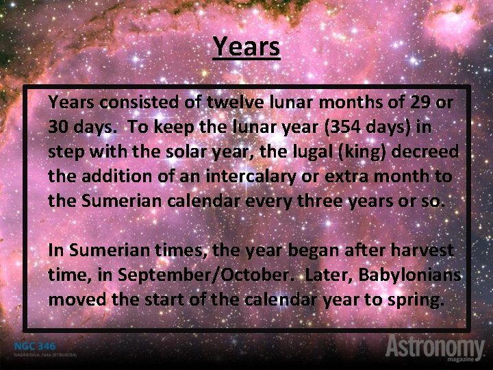Years consisted of twelve lunar months of 29 or 30 days. To keep the