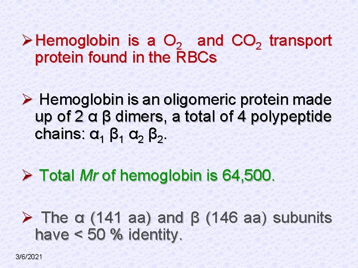 Ø Hemoglobin is a O 2 and CO 2 transport protein found in the