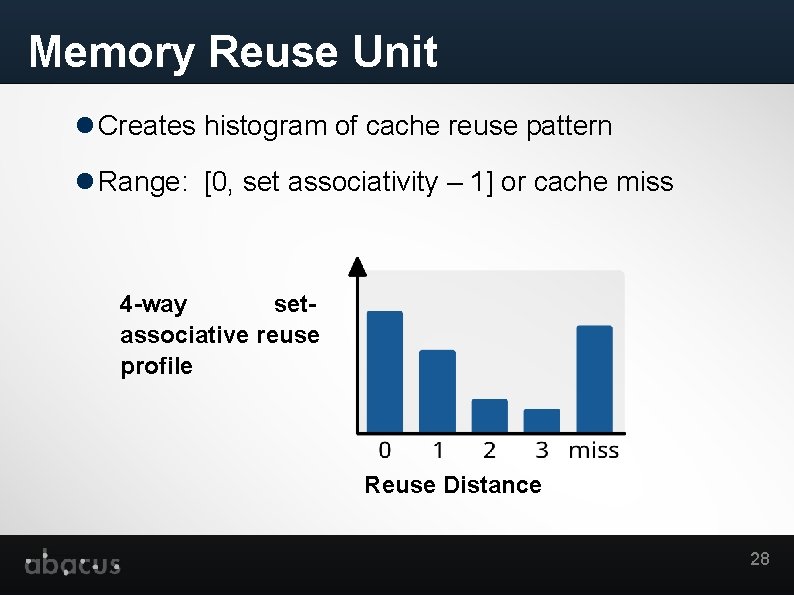 Memory Reuse Unit Creates histogram of cache reuse pattern Range: [0, set associativity –
