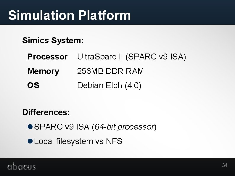 Simulation Platform Simics System: Processor Ultra. Sparc II (SPARC v 9 ISA) Memory 256