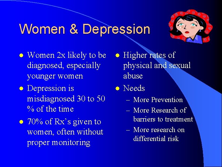 Women & Depression l l l Women 2 x likely to be diagnosed, especially