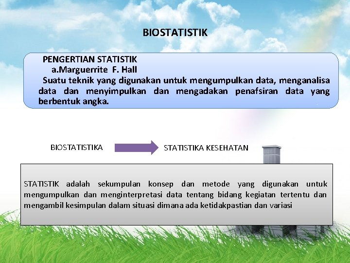 BIOSTATISTIK PENGERTIAN STATISTIK a. Marguerrite F. Hall Suatu teknik yang digunakan untuk mengumpulkan data,