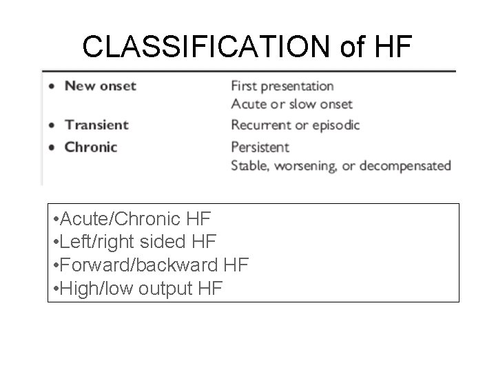 CLASSIFICATION of HF • Acute/Chronic HF • Left/right sided HF • Forward/backward HF •