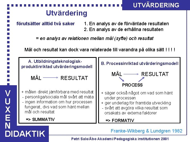 UTVÄRDERING Utvärdering förutsätter alltid två saker 1. En analys av de förväntade resultaten 2.