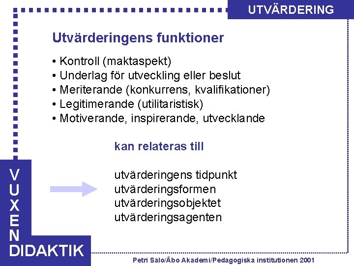 UTVÄRDERING Utvärderingens funktioner • Kontroll (maktaspekt) • Underlag för utveckling eller beslut • Meriterande