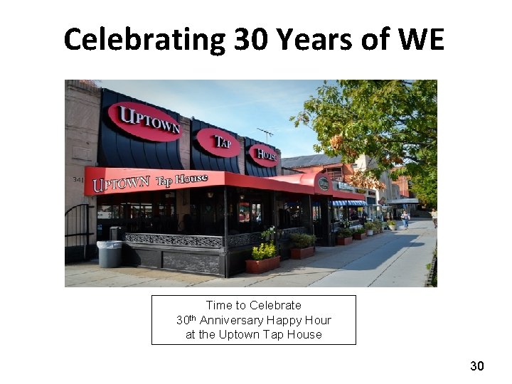 Celebrating 30 Years of WE Time to Celebrate 30 th Anniversary Happy Hour at