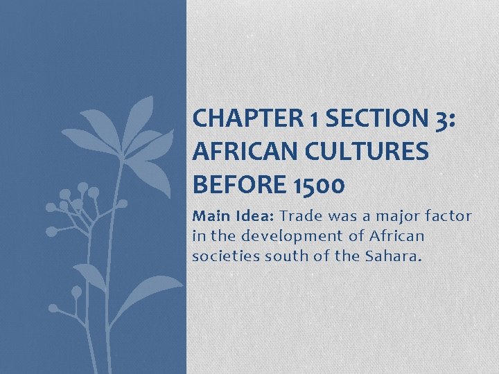 CHAPTER 1 SECTION 3: AFRICAN CULTURES BEFORE 1500 Main Idea: Trade was a major